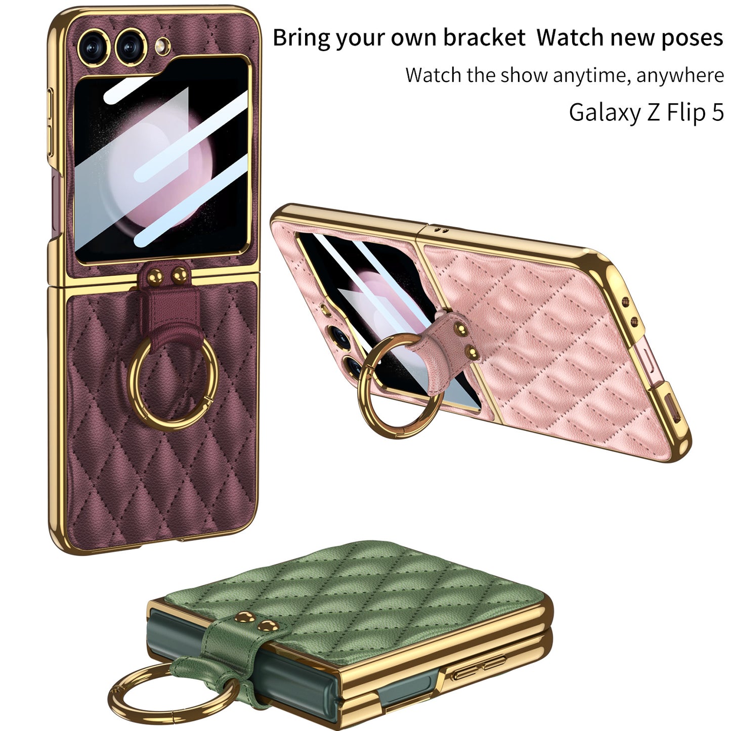 Luxury Argyle Leather Phone Case with Ring and Front Screen Protector For Samsung Galaxy Z Flip5