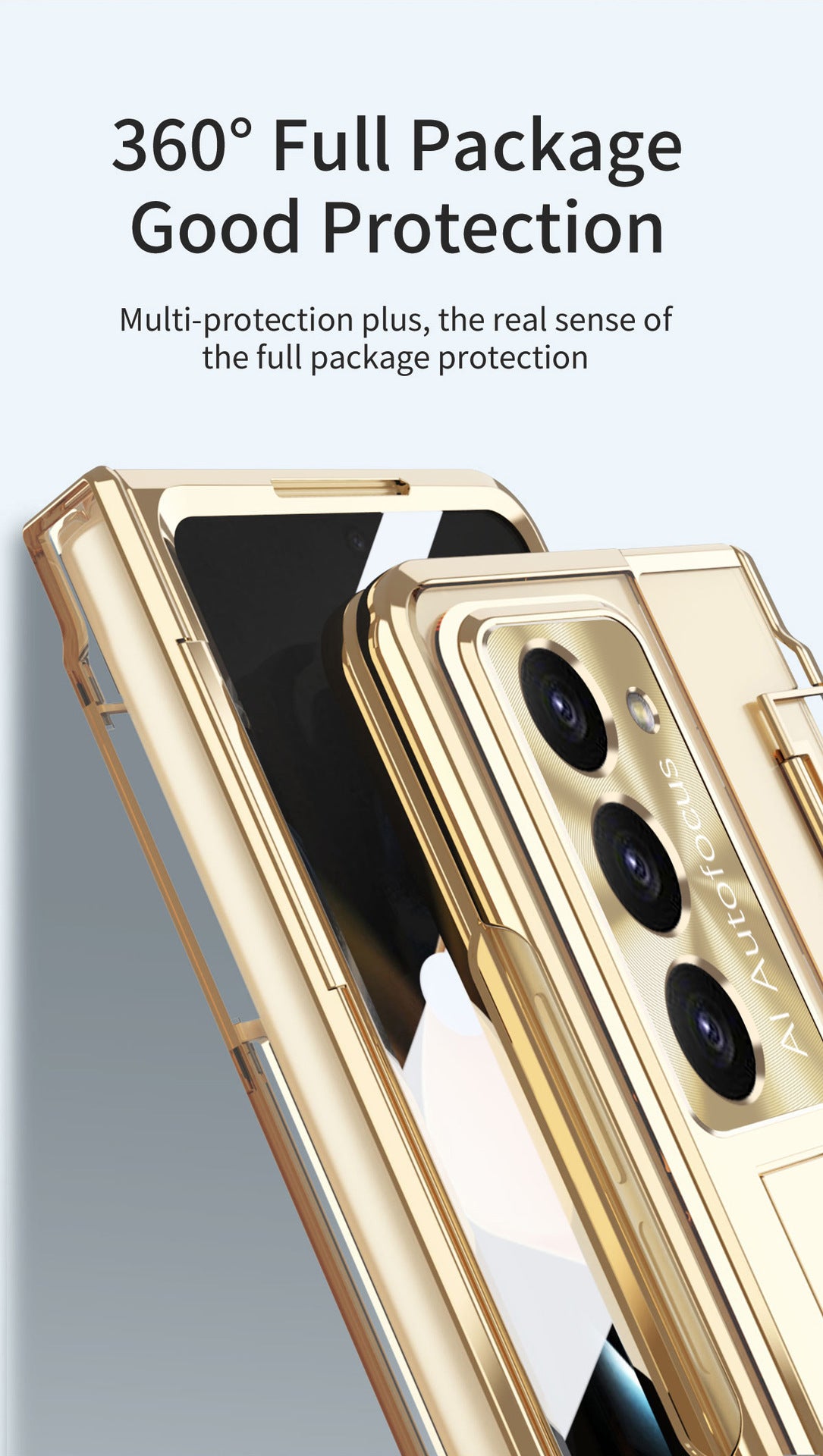 Electroplated Clear PC Galaxy Z Fold5 Case with Front Screen Protector & Flat Hinge & Hidden Stand And Pen Slot and Free Stylus