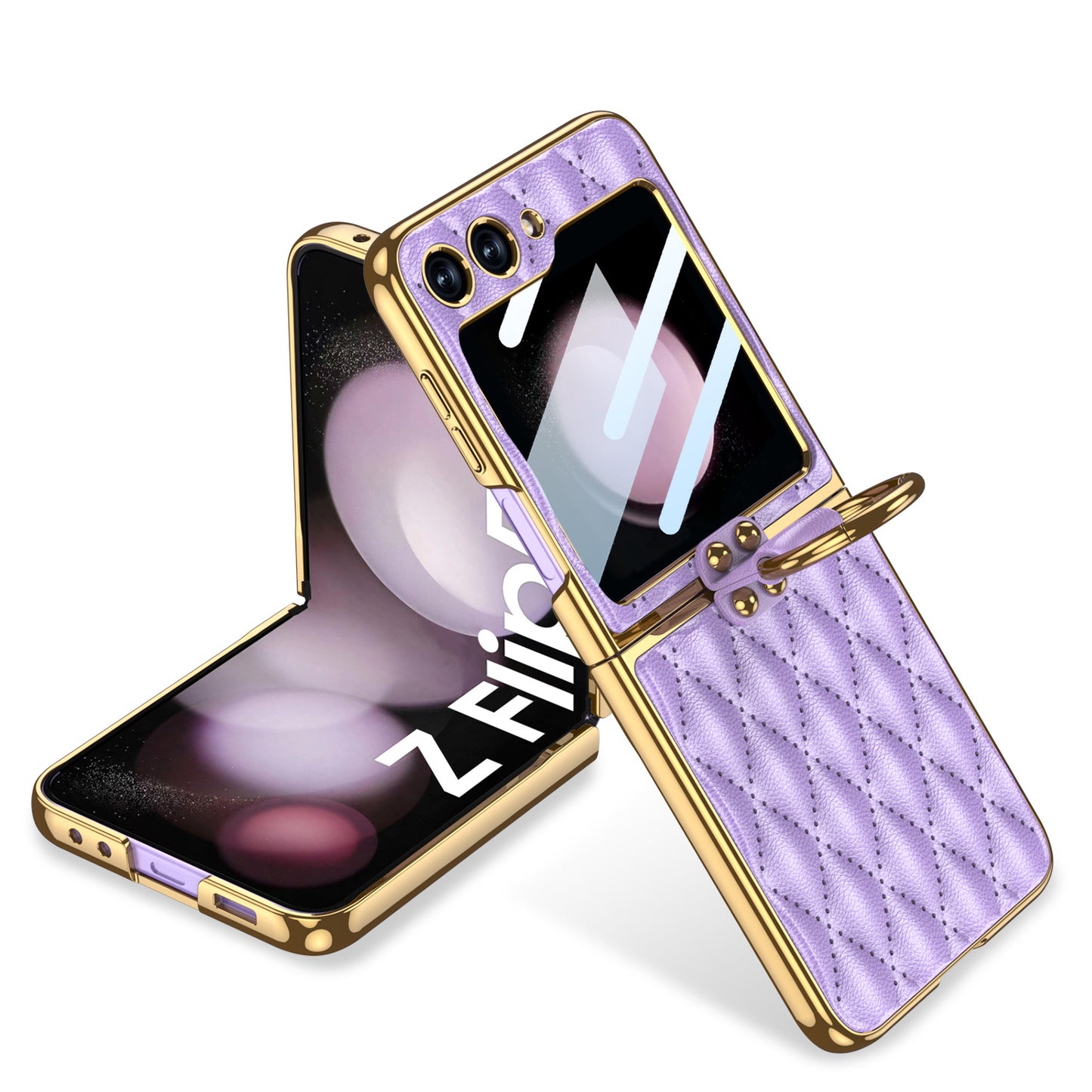 Luxury Argyle Leather Phone Case with Ring and Front Screen Protector For Samsung Galaxy Z Flip5