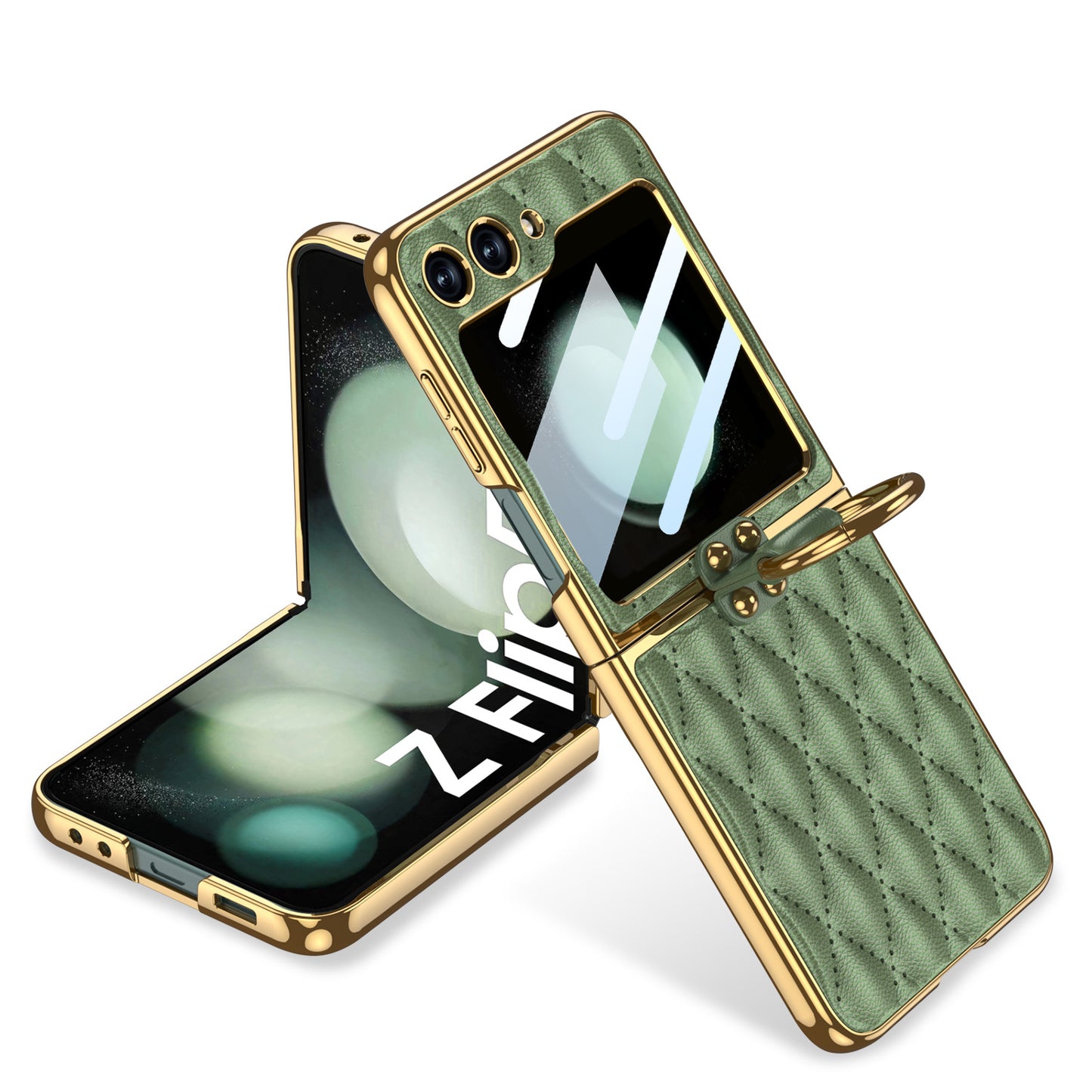 Luxury Argyle Leather Phone Case with Ring and Front Screen Protector For Samsung Galaxy Z Flip5