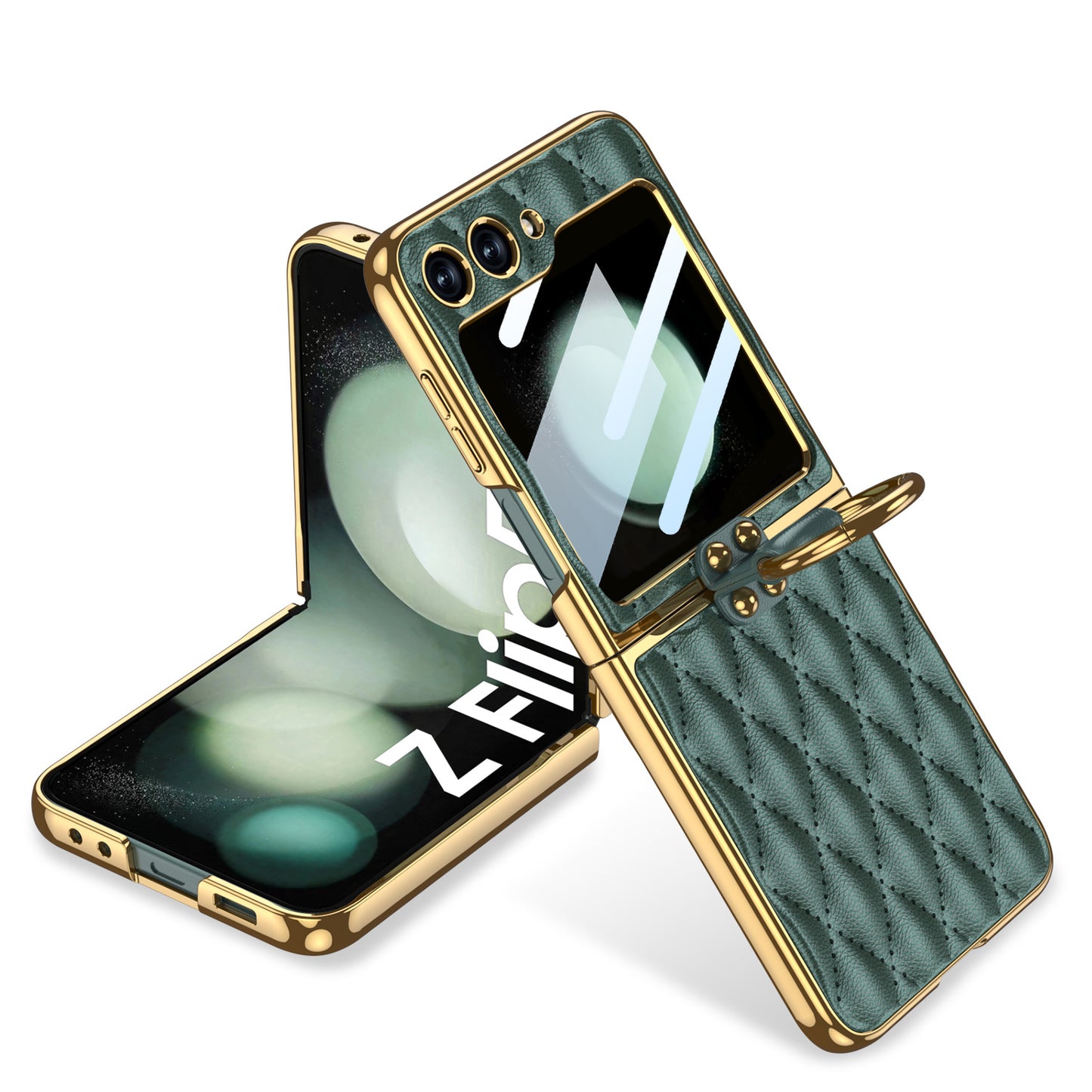 Luxury Argyle Leather Phone Case with Ring and Front Screen Protector For Samsung Galaxy Z Flip5