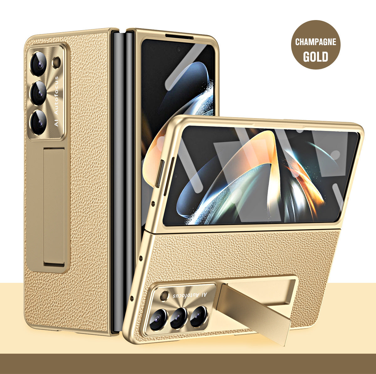 Leather Galaxy Z Fold5 Case with Front Screen Protector With Hidden Kick-Stand