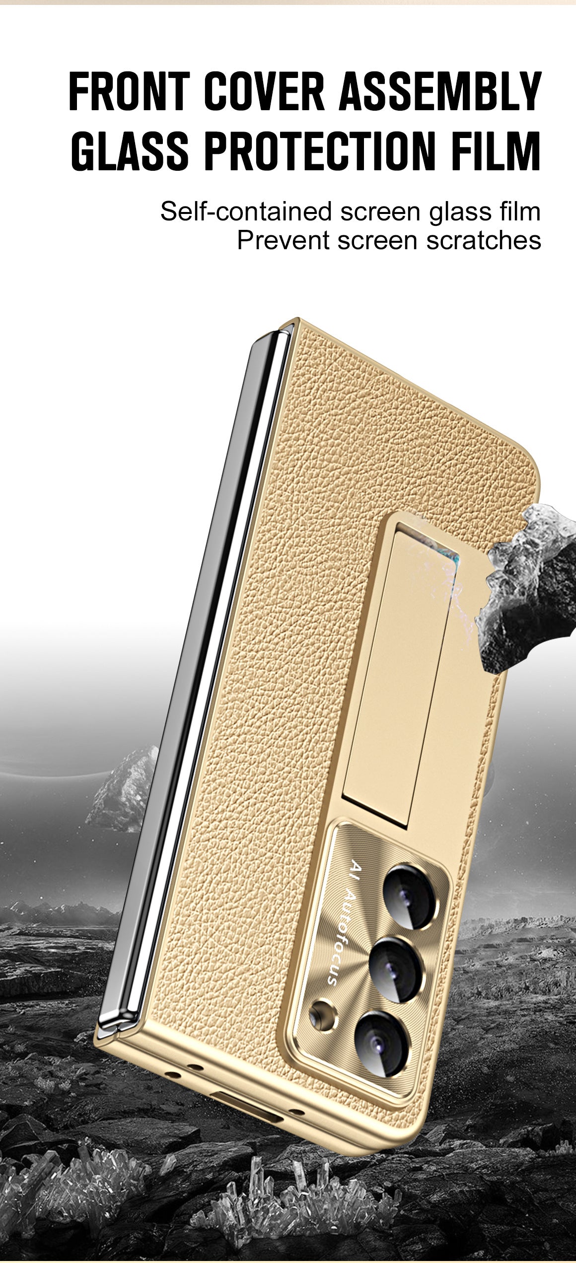Leather Galaxy Z Fold5 Case with Front Screen Protector With Hidden Kick-Stand