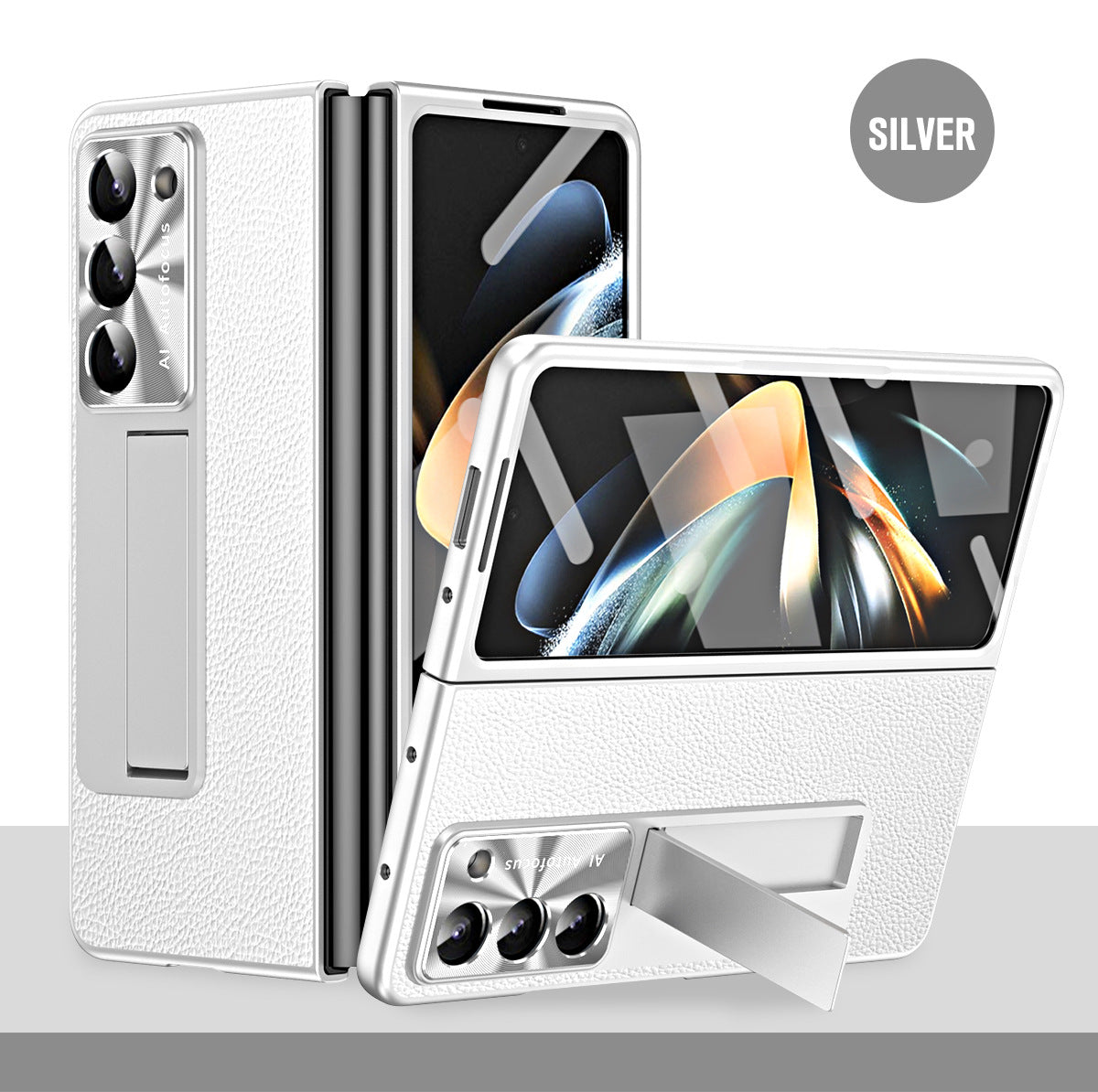 Leather Galaxy Z Fold5 Case with Front Screen Protector With Hidden Kick-Stand