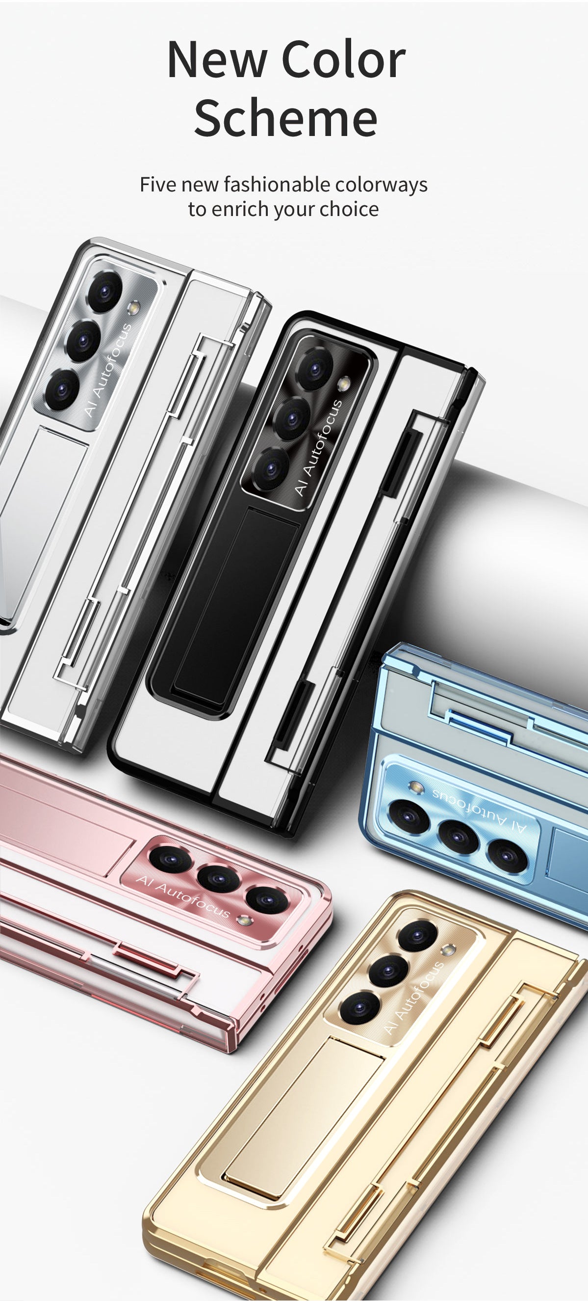 Plated Transparent Galaxy Z Fold5 Case with Front Screen Protector & Flat Hinge Protection & Kick-Stand