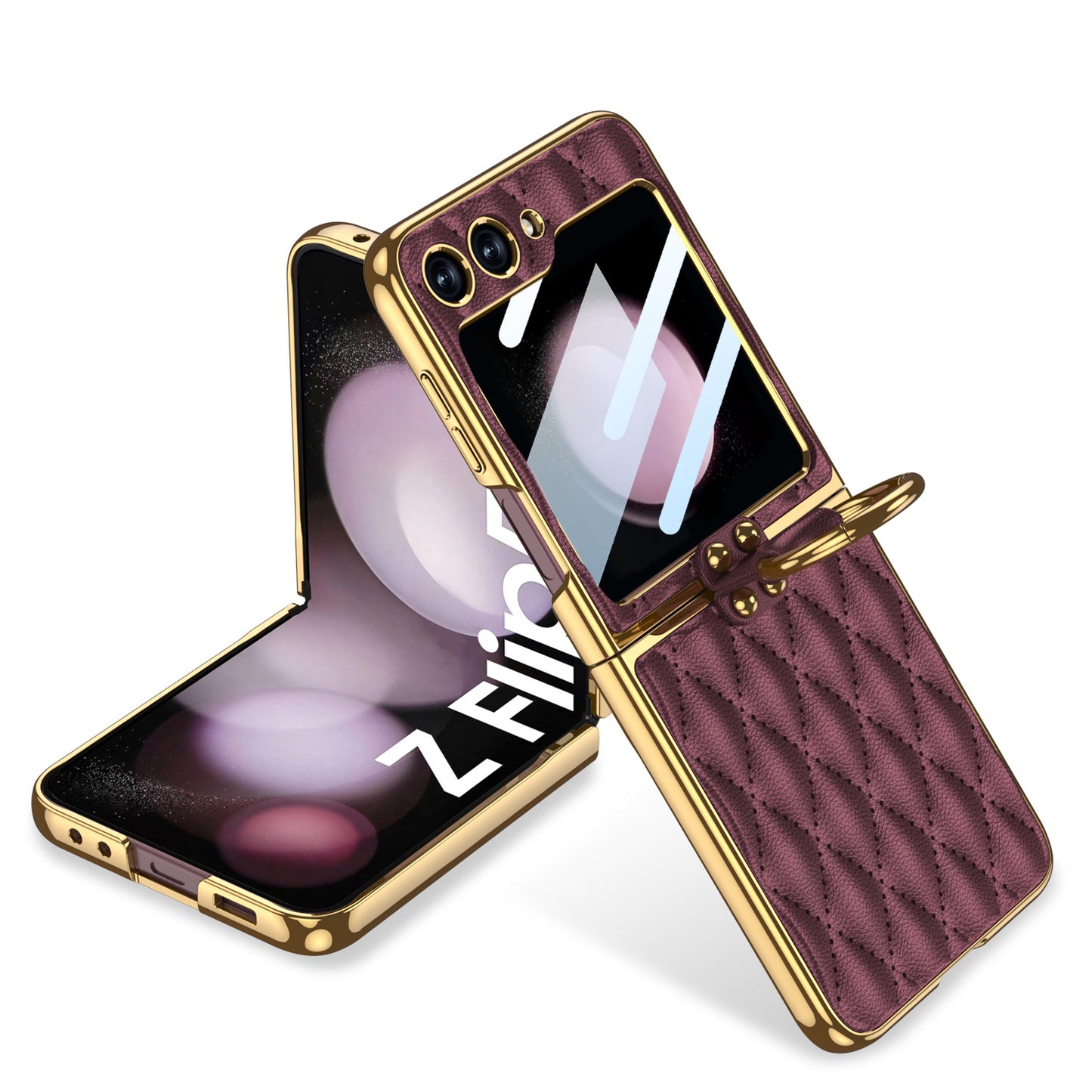 Luxury Argyle Leather Phone Case with Ring and Front Screen Protector For Samsung Galaxy Z Flip5