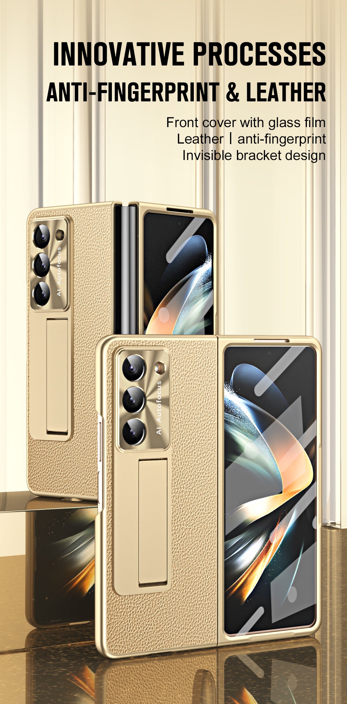 Leather Galaxy Z Fold5 Case with Front Screen Protector With Hidden Kick-Stand