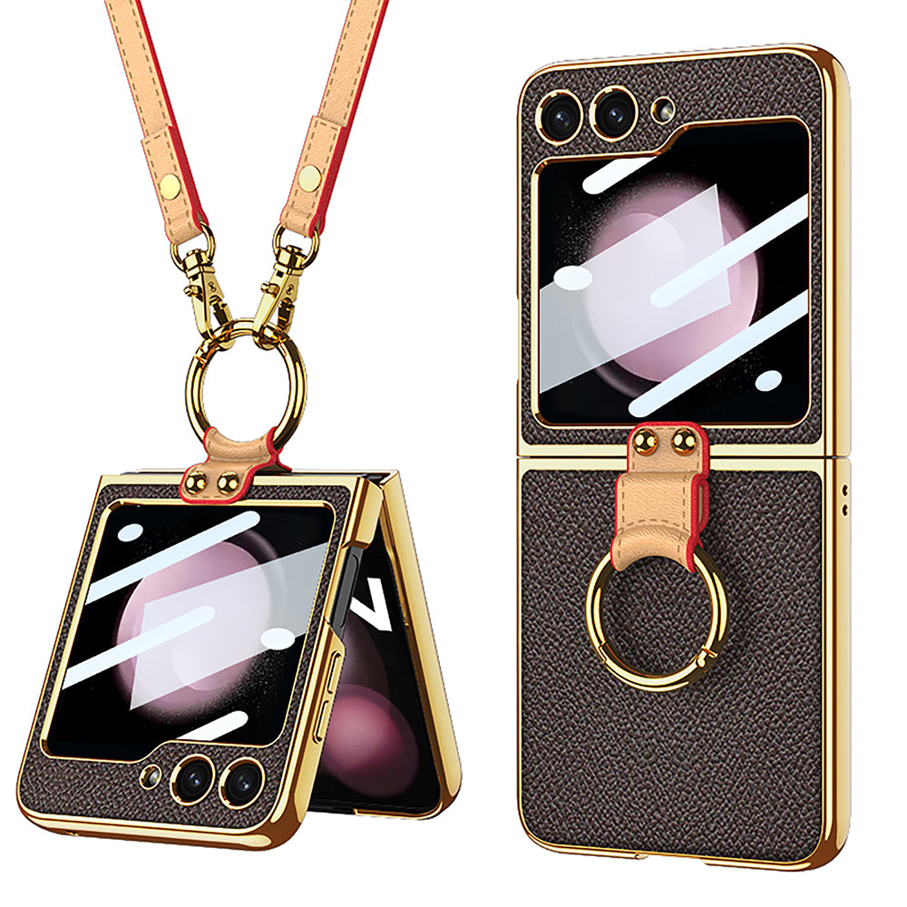 Luxury Leather Samsung Z Filp5 Phone Case With Crossbody Rope