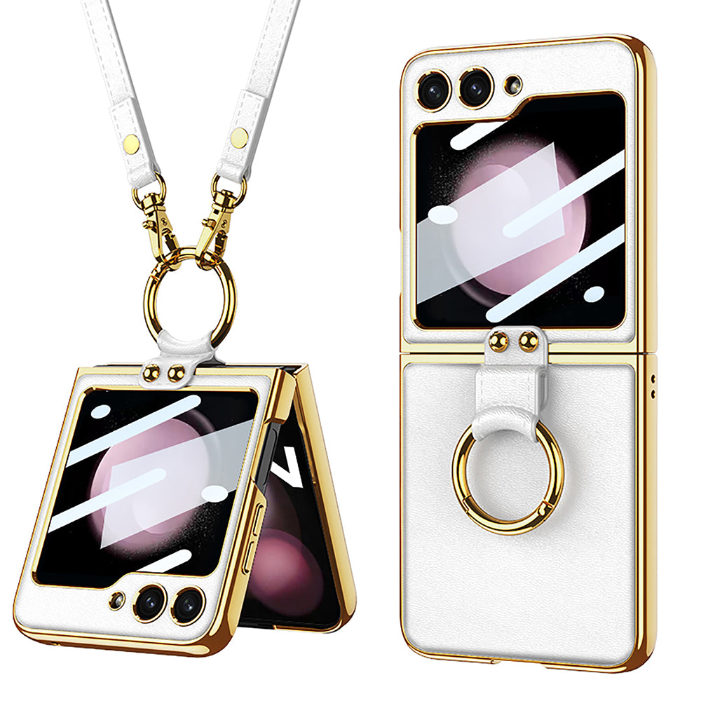 Luxury Leather Samsung Z Filp5 Phone Case With Crossbody Rope