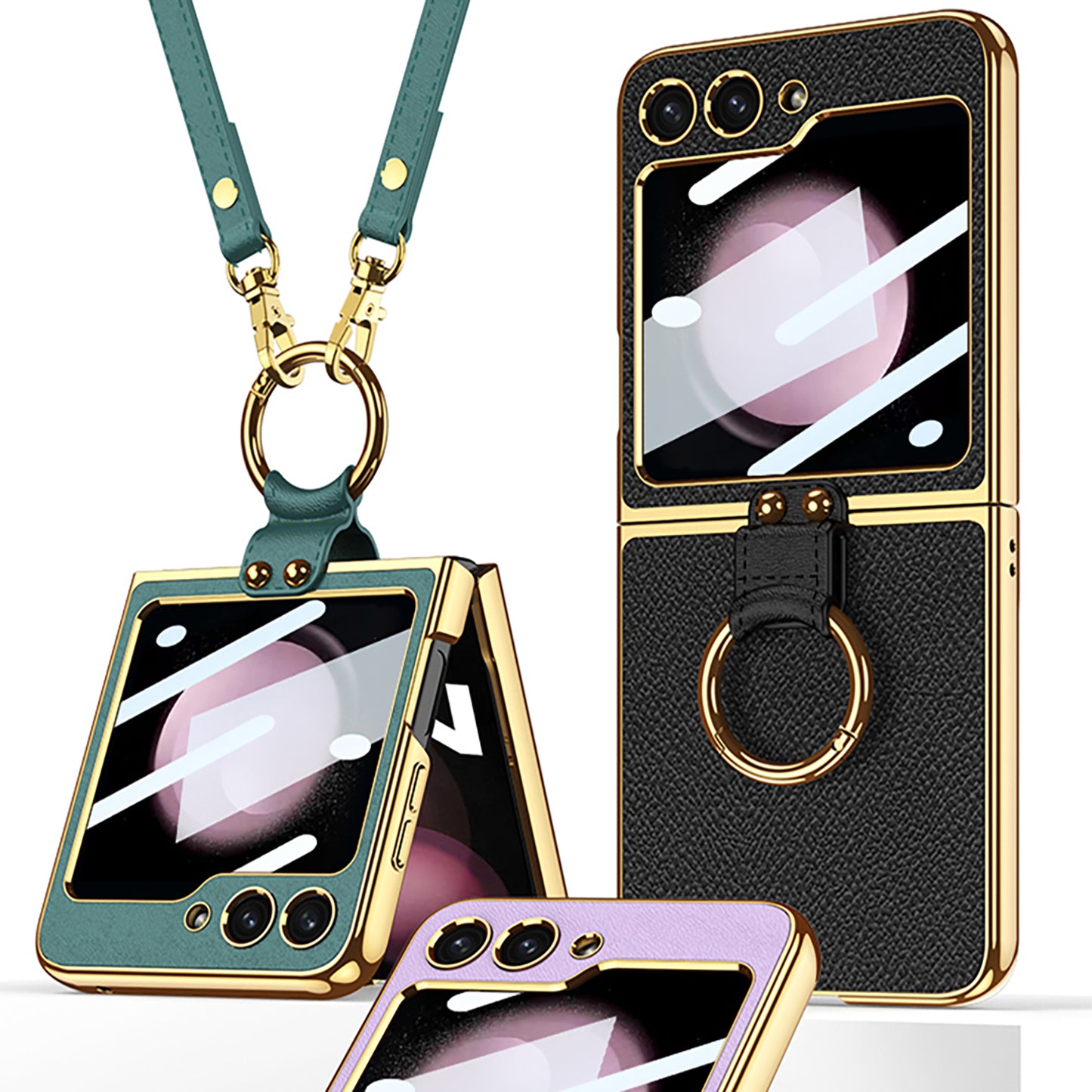 Luxury Leather Samsung Z Filp5 Phone Case With Crossbody Rope