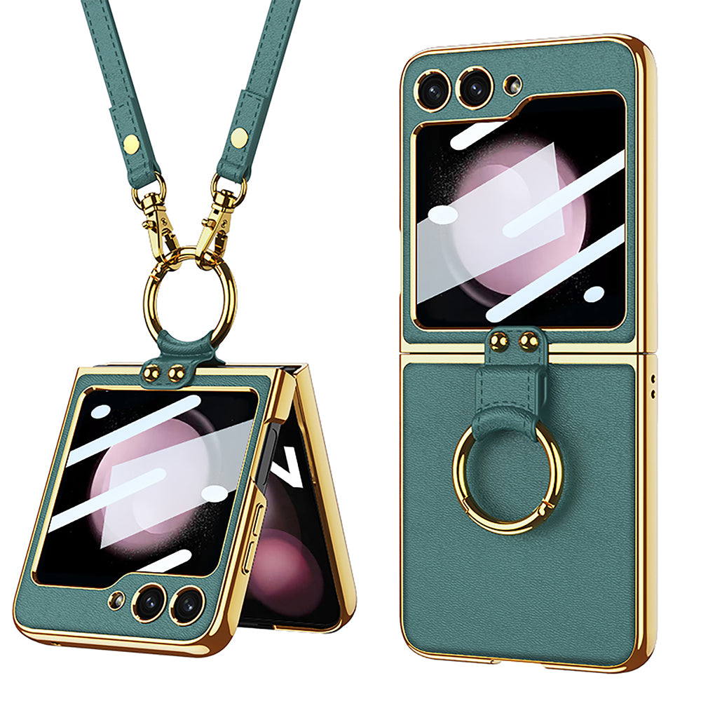 Luxury Leather Samsung Z Filp5 Phone Case With Crossbody Rope