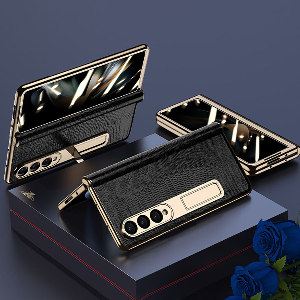 Handmade Leather Crocodile Pattern Phone Case With Back Screen Protector For Samsung Galaxy Z Fold4 5G - Mycasety Mycasety