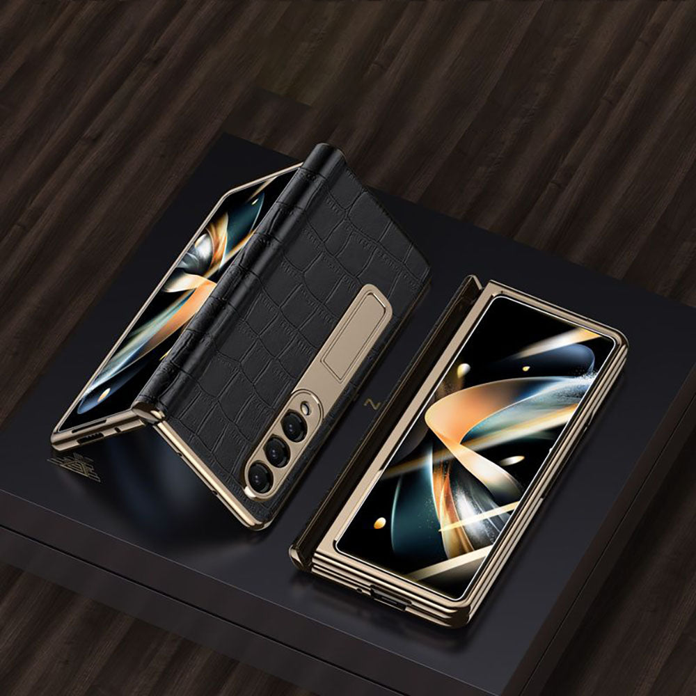 Handmade Leather Crocodile Pattern Phone Case With Back Screen Protector For Samsung Galaxy Z Fold4 5G - Mycasety Mycasety