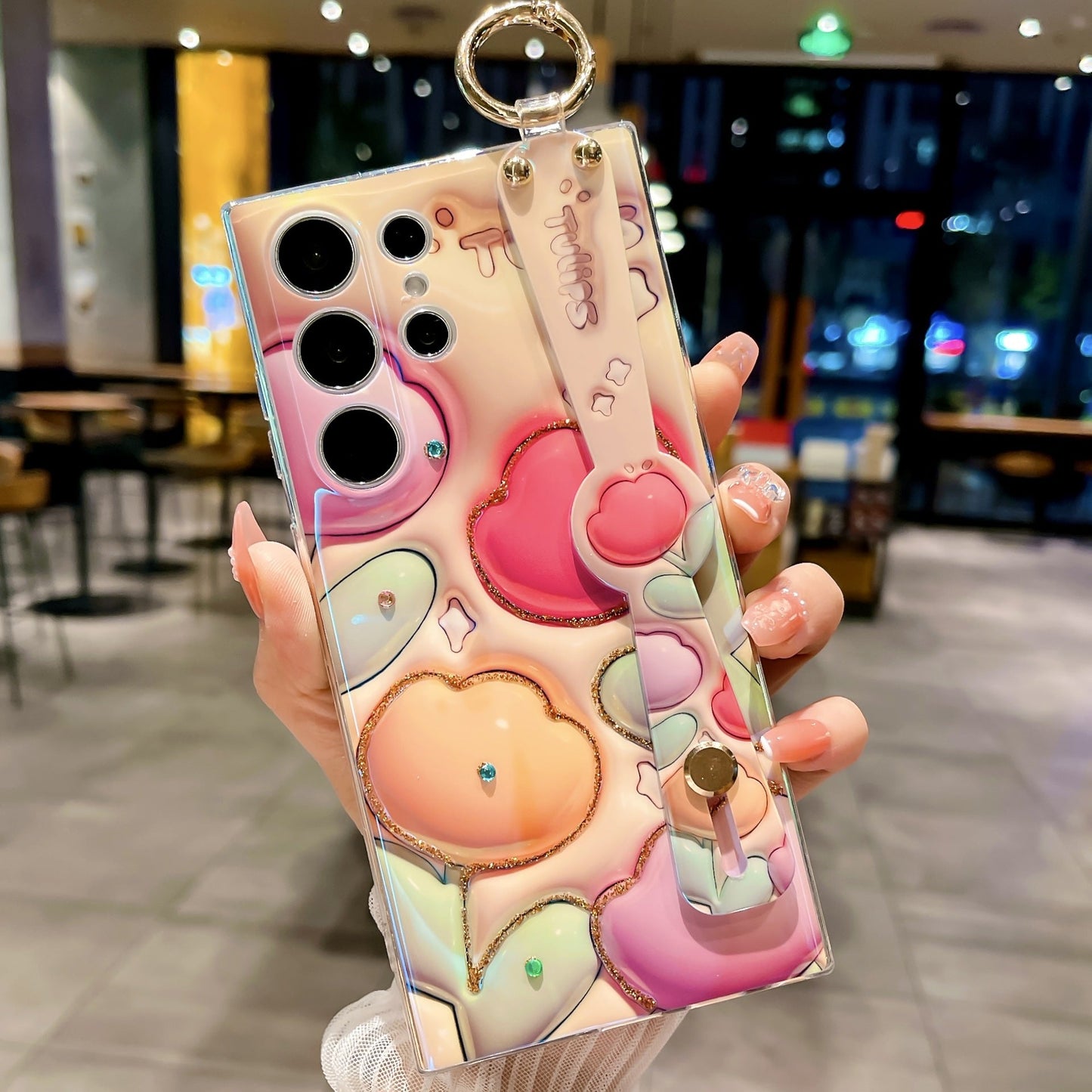 Glitter Blue Light 3D Tulips Case For Samsung Galaxy S24 S23 S22 S21 Ultra Plus Soft Silicone With Wrist Strap Support Stand Shell - Mycasety Mycasety