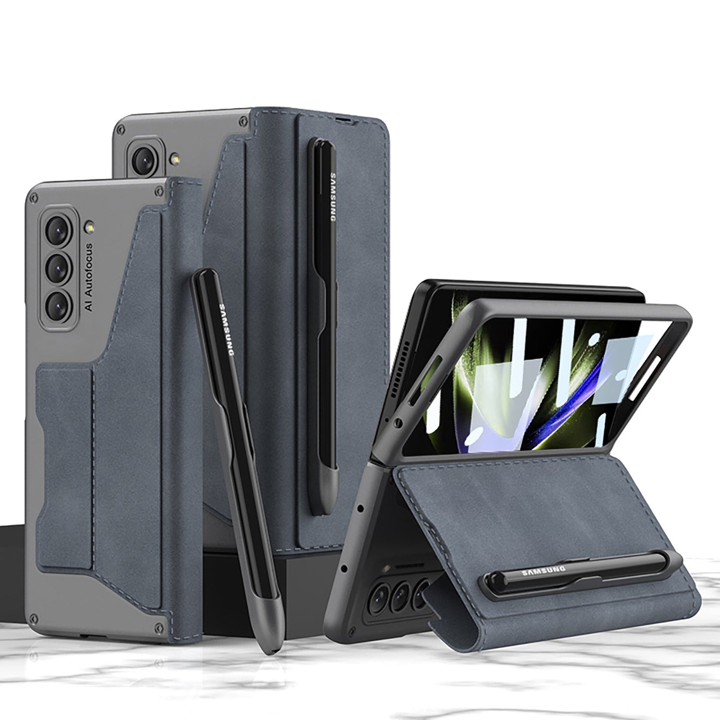 Leather Pen Holder Armor Phone Case With Back Screen Protector For Samsung Galaxy Z Fold5 Fold4 - Mycasety Mycasety