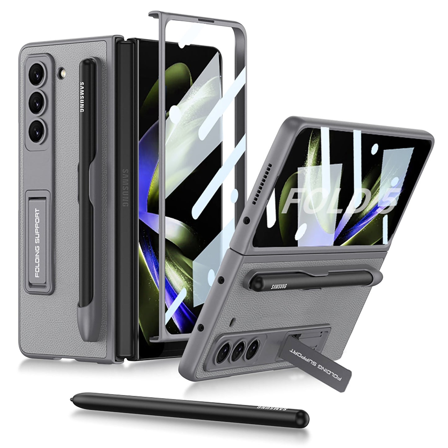 Invisible Bracket S Pen Slot Leather Protective Phone Case With Back Screen Protector For Samsung Galaxy Z Fold 5/4/3 5G - Mycasety Mycasety