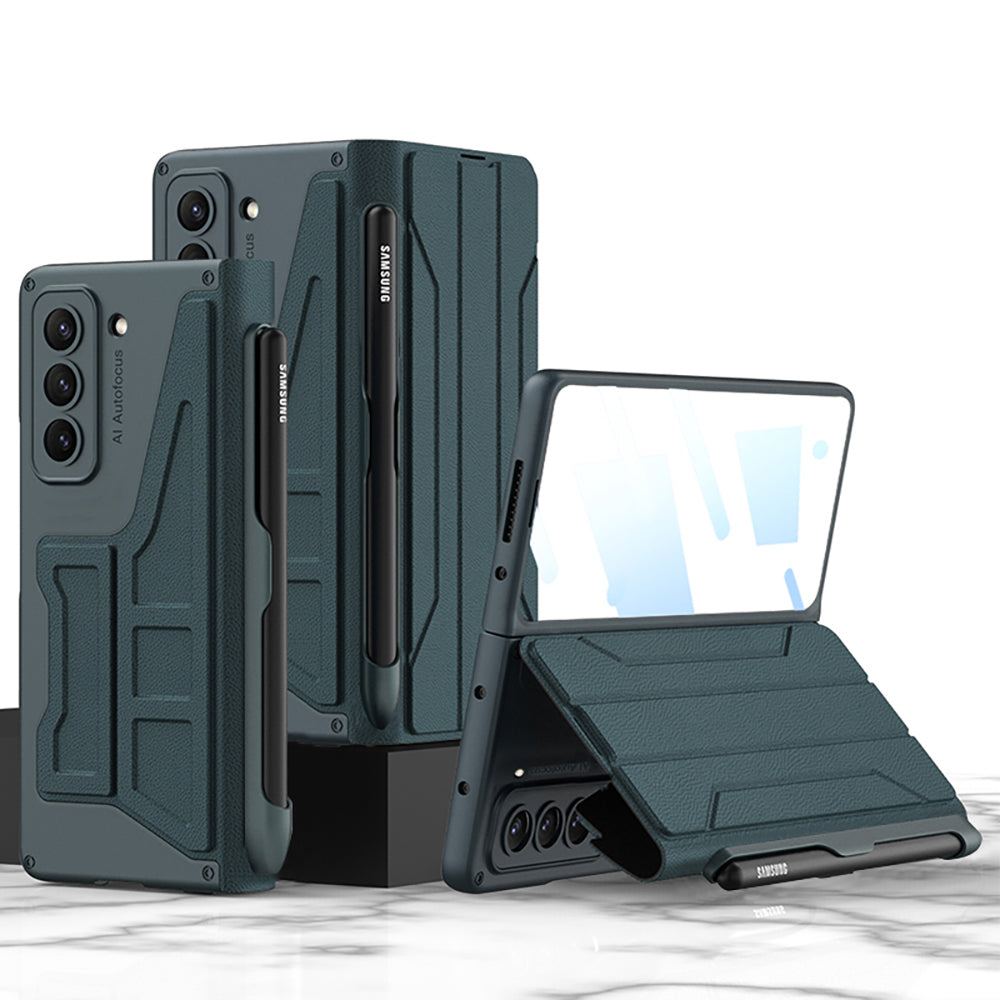 Business Leather Phone Cover With S Pen Holder & Back Screen Protector For Samsung Galaxy Z Fold 5/4/3 5G - Mycasety Mycasety