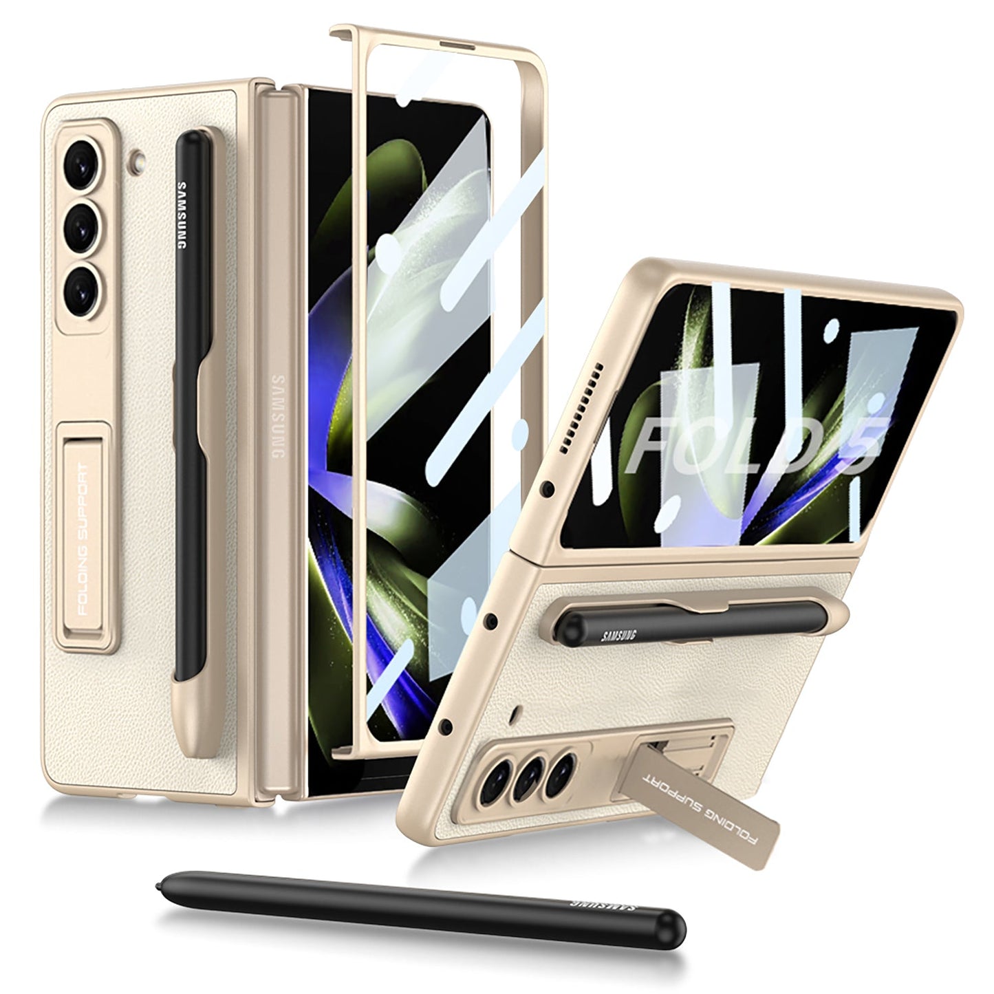 Invisible Bracket S Pen Slot Leather Protective Phone Case With Back Screen Protector For Samsung Galaxy Z Fold 5/4/3 5G - Mycasety Mycasety