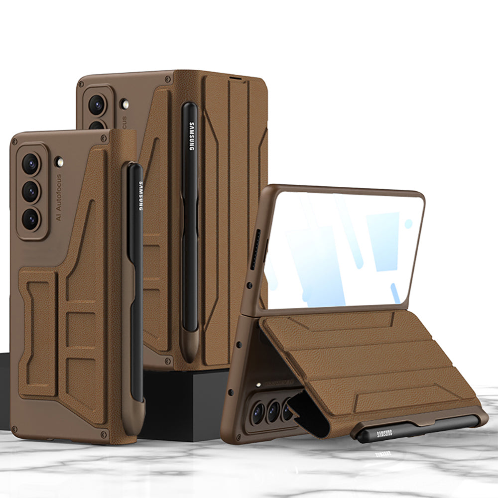 Business Leather Phone Cover With S Pen Holder & Back Screen Protector For Samsung Galaxy Z Fold 5/4/3 5G - Mycasety Mycasety