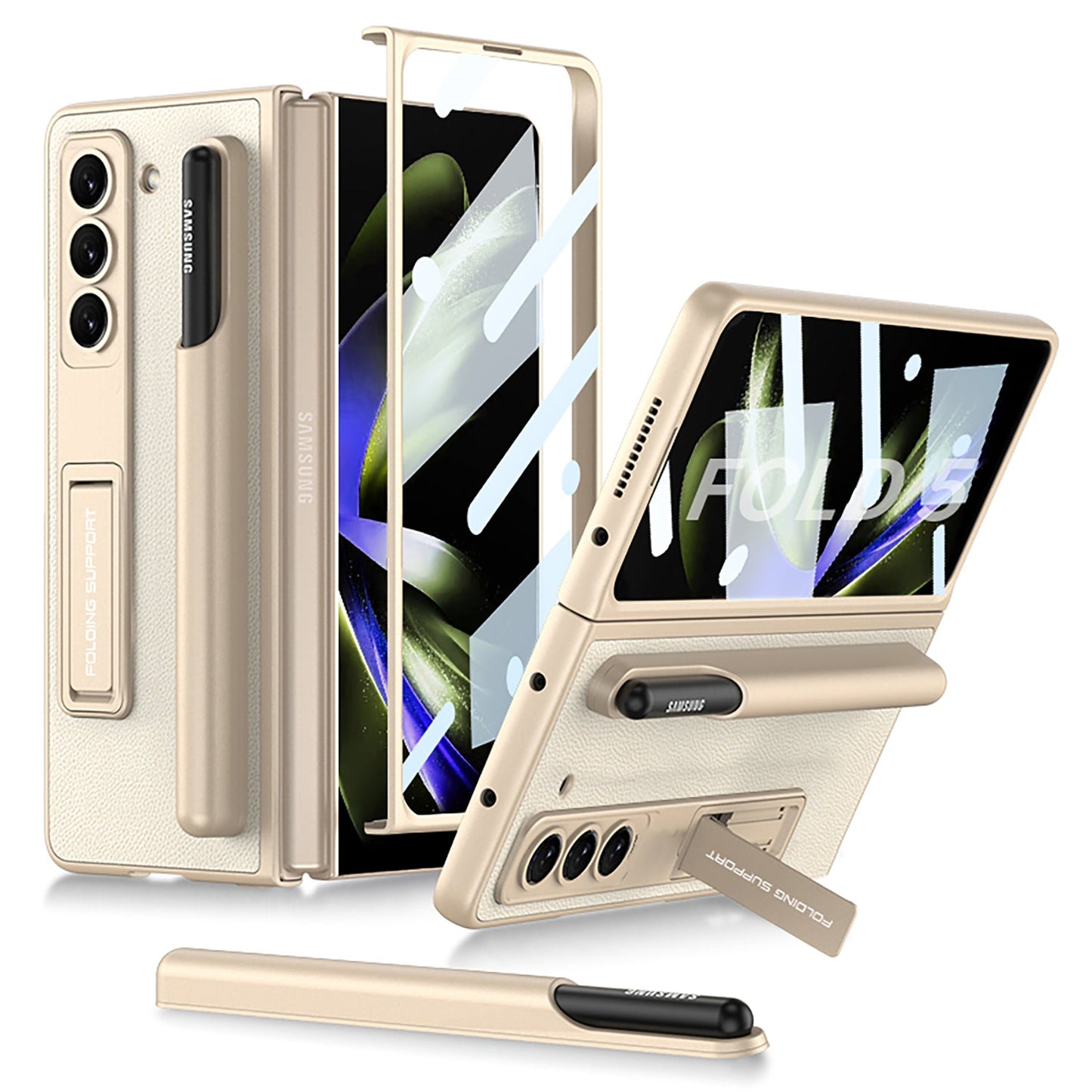 Invisible Bracket S Pen Slot Leather Protective Phone Case With Back Screen Protector For Samsung Galaxy Z Fold 5/4/3 5G - Mycasety Mycasety