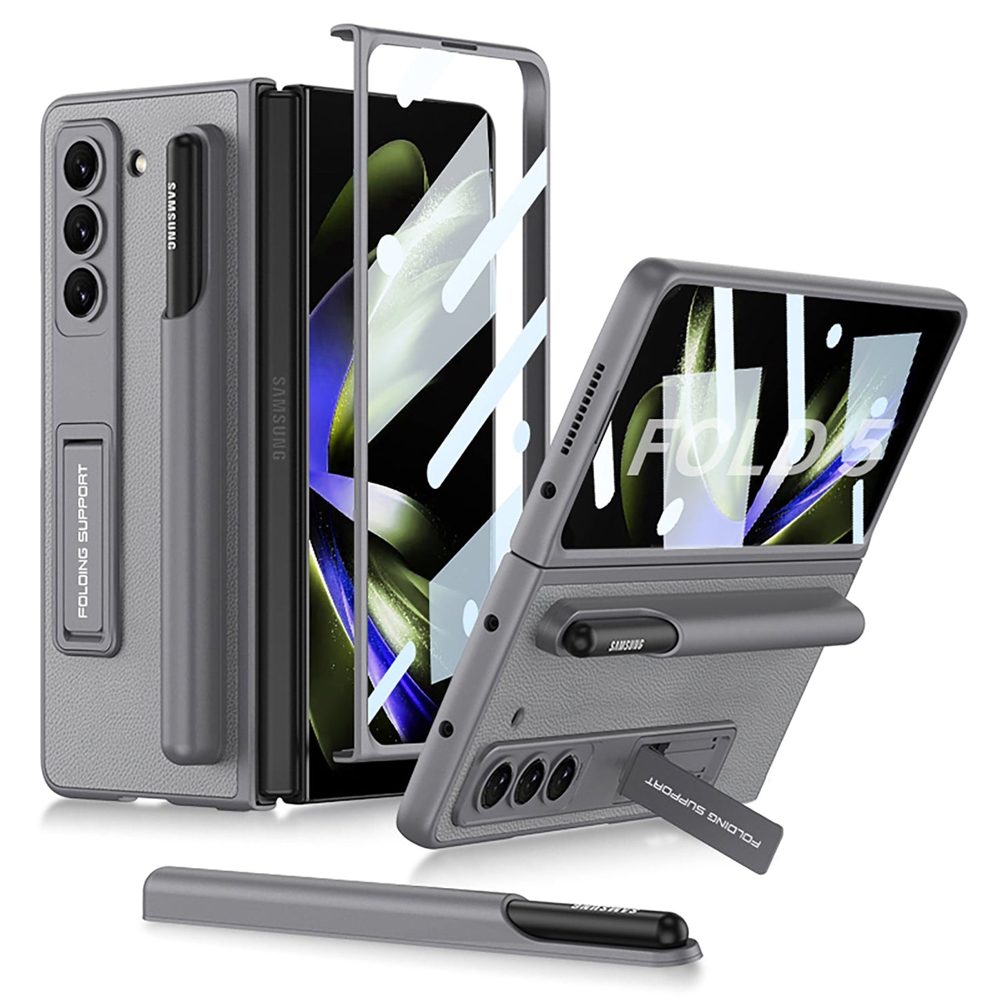 Invisible Bracket S Pen Slot Leather Protective Phone Case With Back Screen Protector For Samsung Galaxy Z Fold 5/4/3 5G - Mycasety Mycasety