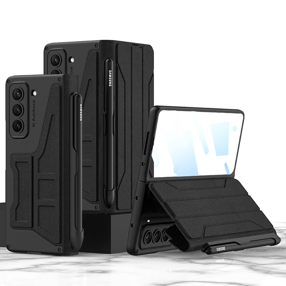 Business Leather Phone Cover With S Pen Holder & Back Screen Protector For Samsung Galaxy Z Fold 5/4/3 5G - Mycasety Mycasety