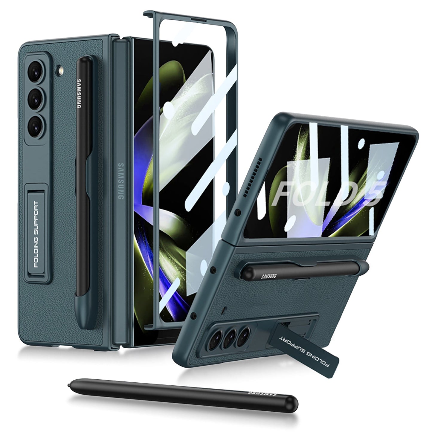 Invisible Bracket S Pen Slot Leather Protective Phone Case With Back Screen Protector For Samsung Galaxy Z Fold 5/4/3 5G - Mycasety Mycasety