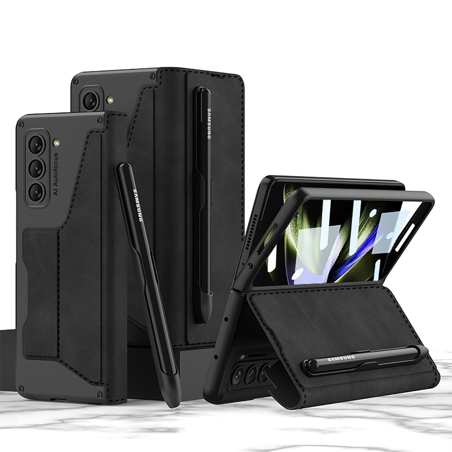 Leather Pen Holder Armor Phone Case With Back Screen Protector For Samsung Galaxy Z Fold5 Fold4 - Mycasety Mycasety