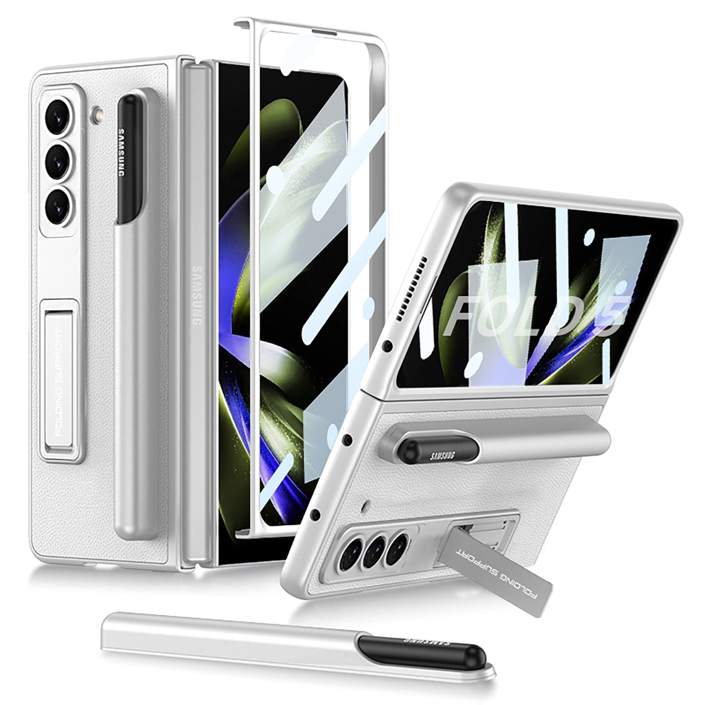 Invisible Bracket S Pen Slot Leather Protective Phone Case With Back Screen Protector For Samsung Galaxy Z Fold 5/4/3 5G - Mycasety Mycasety