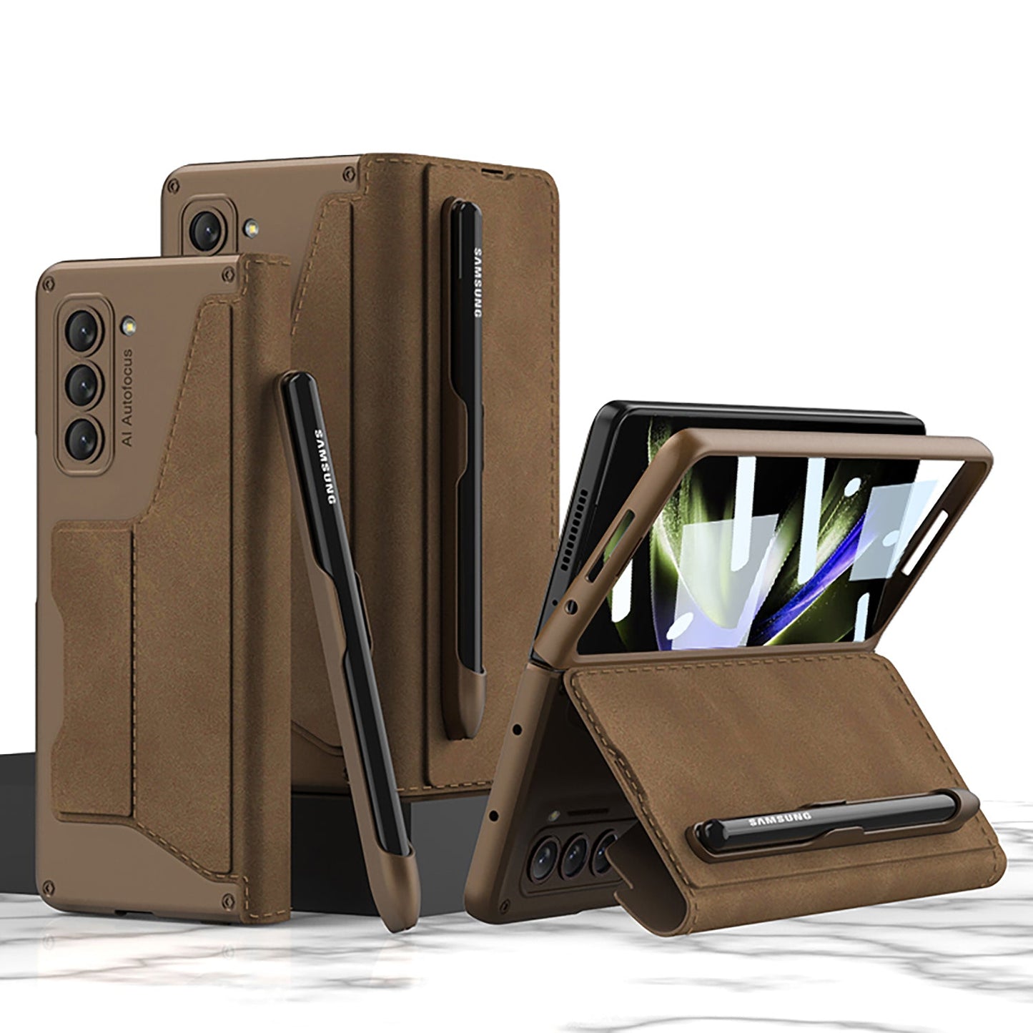 Leather Pen Holder Armor Phone Case With Back Screen Protector For Samsung Galaxy Z Fold5 Fold4 - Mycasety Mycasety
