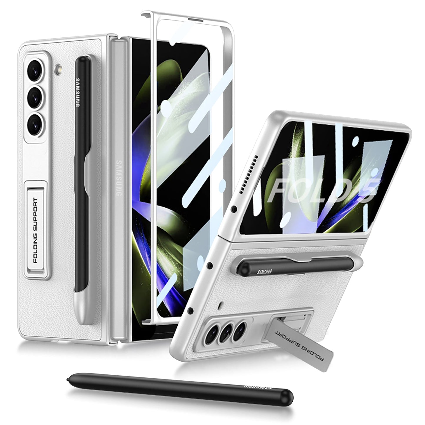 Invisible Bracket S Pen Slot Leather Protective Phone Case With Back Screen Protector For Samsung Galaxy Z Fold 5/4/3 5G - Mycasety Mycasety