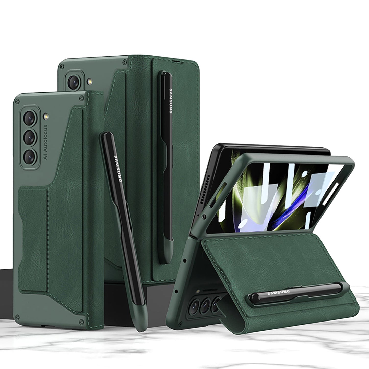 Leather Pen Holder Armor Phone Case With Back Screen Protector For Samsung Galaxy Z Fold5 Fold4 - Mycasety Mycasety