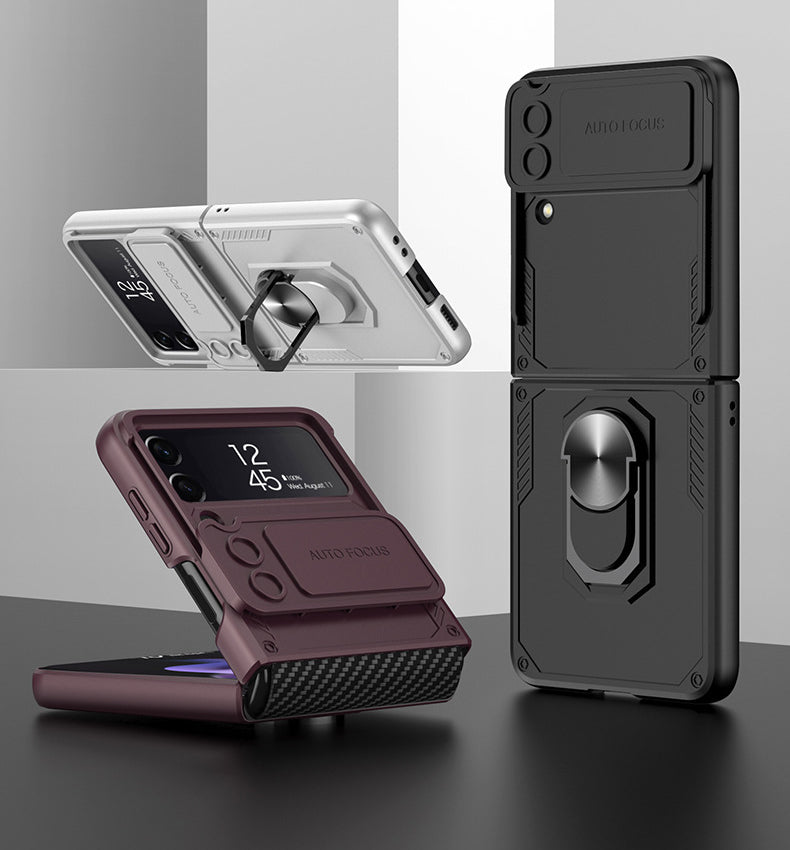 Armor Shockproof Bracket Case For Samsung Galaxy Z Flip4 5G With Ring Holder and Lens Slide Protector