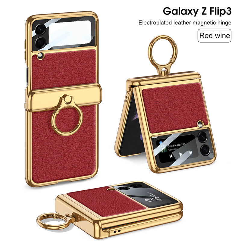 Electroplated Leather Magnetic Hinge Ring Holder Case For Samsung Galaxy Z Flip4 5G