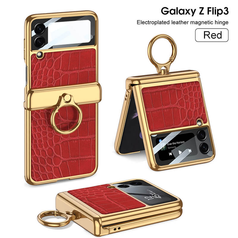 Electroplated Leather Magnetic Hinge Ring Holder Case For Samsung Galaxy Z Flip4 5G