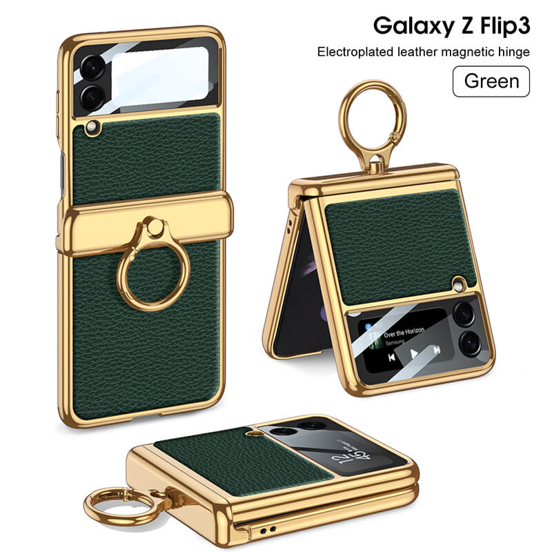Electroplated Leather Magnetic Hinge Ring Holder Case For Samsung Galaxy Z Flip4 5G