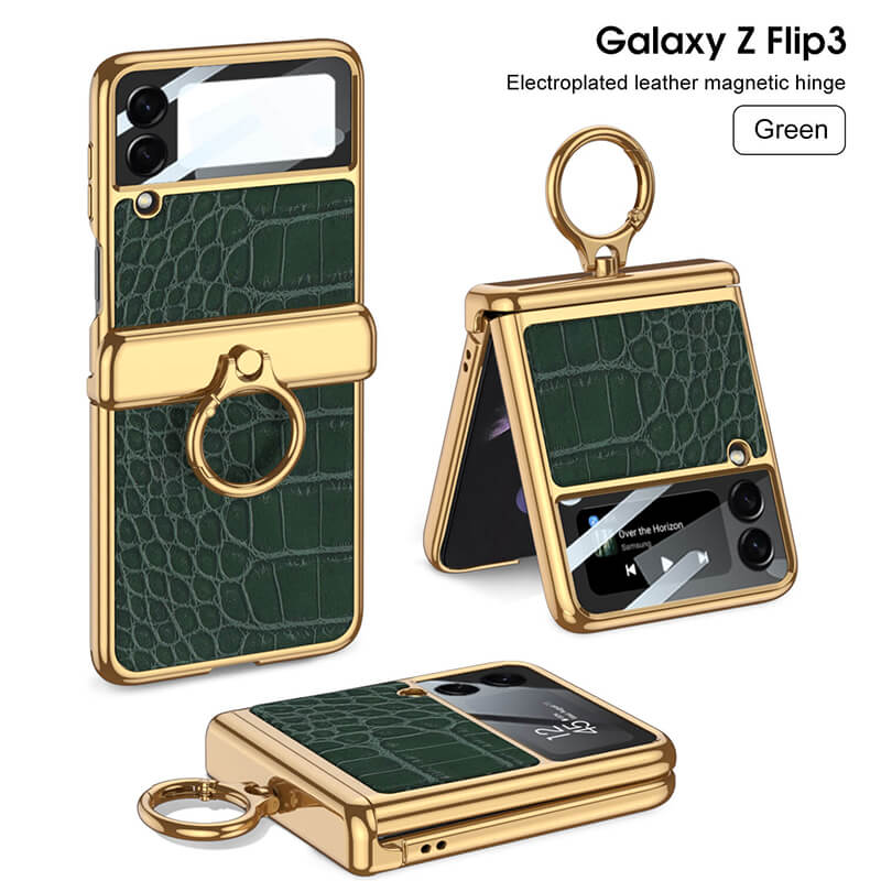 Electroplated Leather Magnetic Hinge Ring Holder Case For Samsung Galaxy Z Flip4 5G