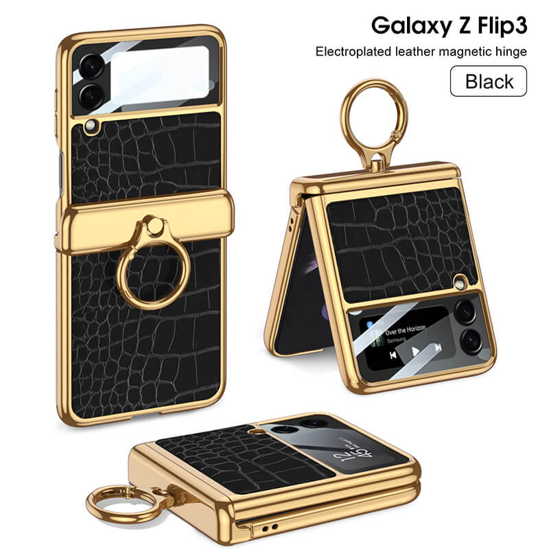 Electroplated Leather Magnetic Hinge Ring Holder Case For Samsung Galaxy Z Flip4 5G