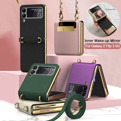 Textured Leather Strap Magnetic Fold Mirror Case For Samsung Galaxy Z Flip 3 5G