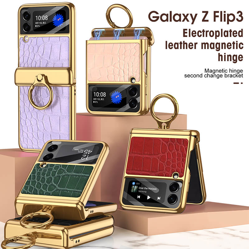 Electroplated Leather Magnetic Hinge Ring Holder Case For Samsung Galaxy Z Flip4 5G