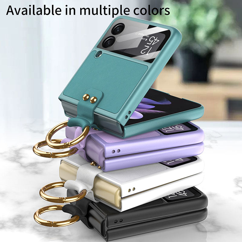 Leather Back Screen Tempered Glass Hard Frame Cover With Finger-Ring And Lanyard For Samsung Z Flip 3 5G