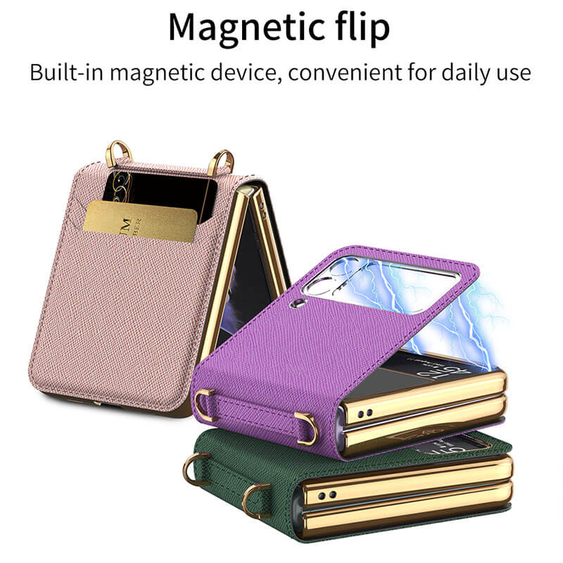 Textured Leather Strap Magnetic Fold Mirror Case For Samsung Galaxy Z Flip 3 5G