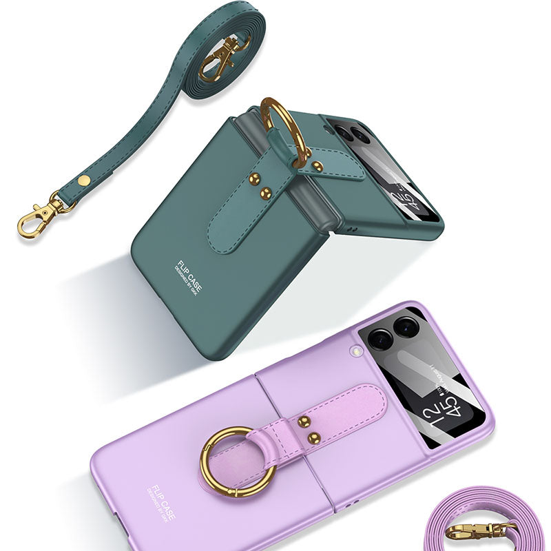 Back Screen Glass Matte Hard Cover With Finger-Ring And Lanyard For Samsung Z Flip3 5G