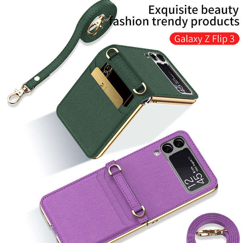 Textured Leather Strap Magnetic Fold Mirror Case For Samsung Galaxy Z Flip 3 5G