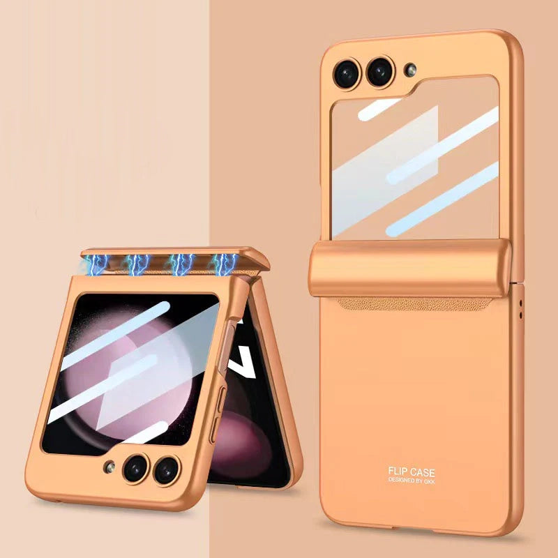Magnetic Samsung Galaxy Z Flip 5 Hinge Full Coverage Phone Case with Front Screen Tempered Glass Protector