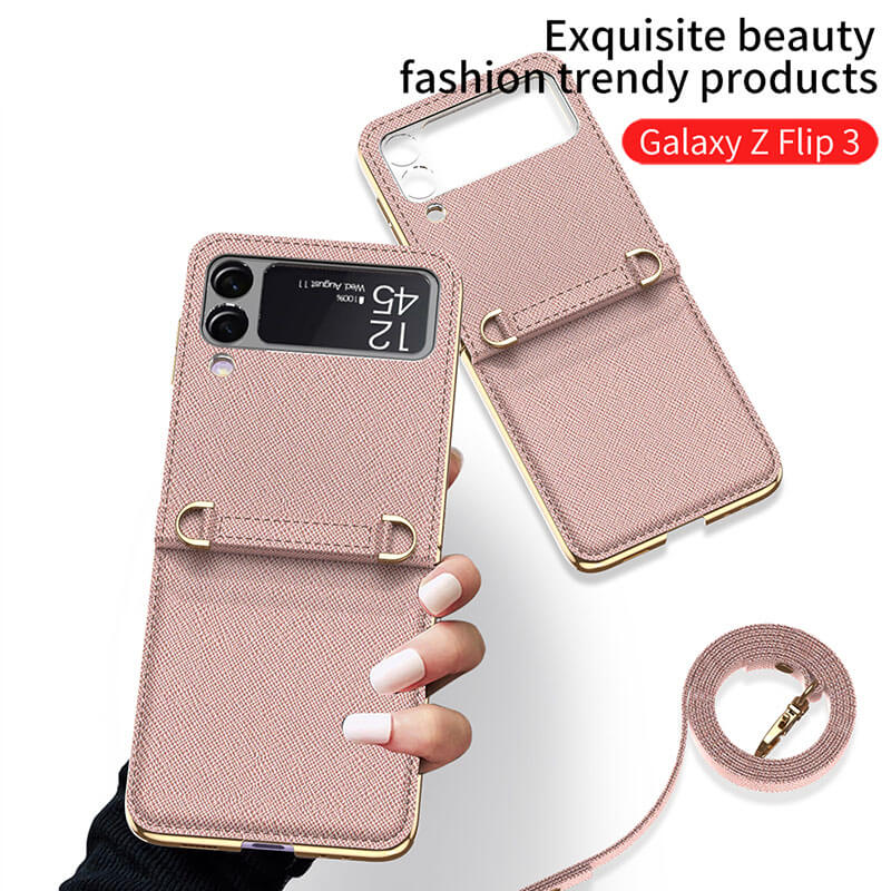 Textured Leather Strap Magnetic Fold Mirror Case For Samsung Galaxy Z Flip 3 5G