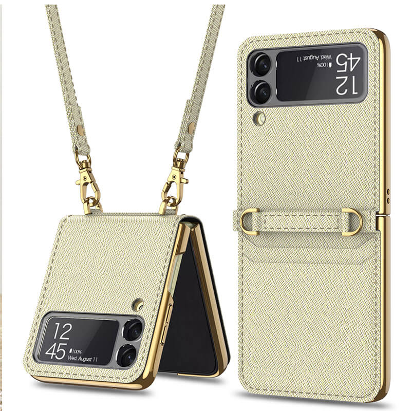 Textured Leather Strap Magnetic Fold Mirror Case For Samsung Galaxy Z Flip 3 5G