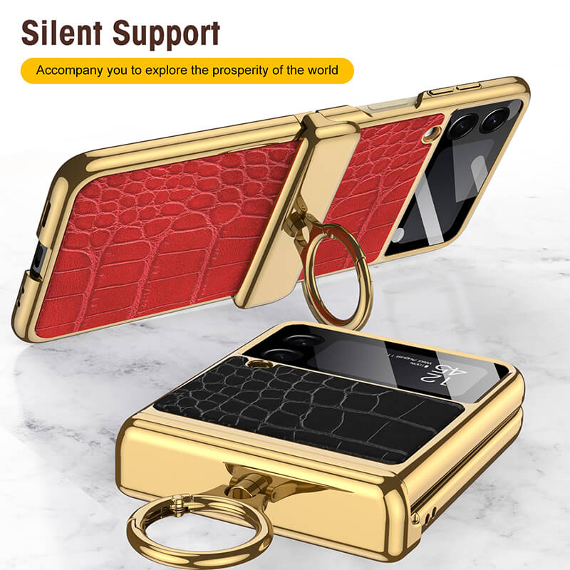 Electroplated Leather Magnetic Hinge Ring Holder Case For Samsung Galaxy Z Flip4 5G