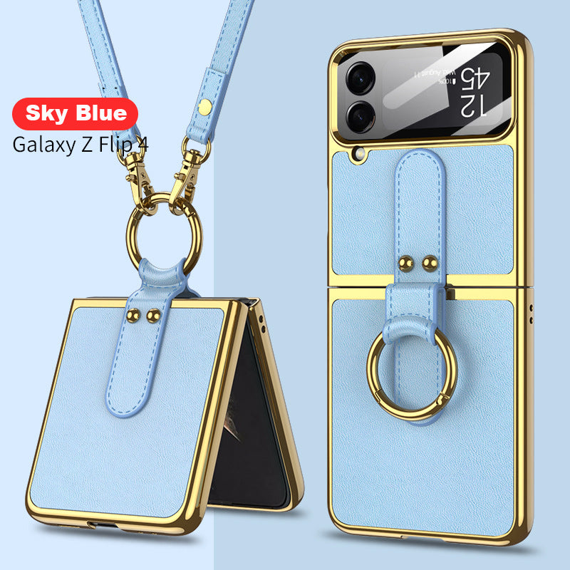 Leather Back Screen Tempered Glass Hard Frame Case For Samsung Galaxy Z Flip4 5G With Lanyard