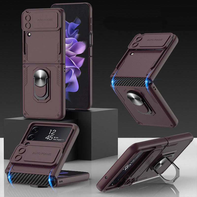 Armor Shockproof Bracket Case For Samsung Galaxy Z Flip4 5G With Ring Holder and Lens Slide Protector